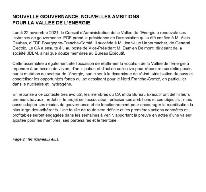 Nouvelle gouvernance pour la Vallée de l&rsquo;Énergie